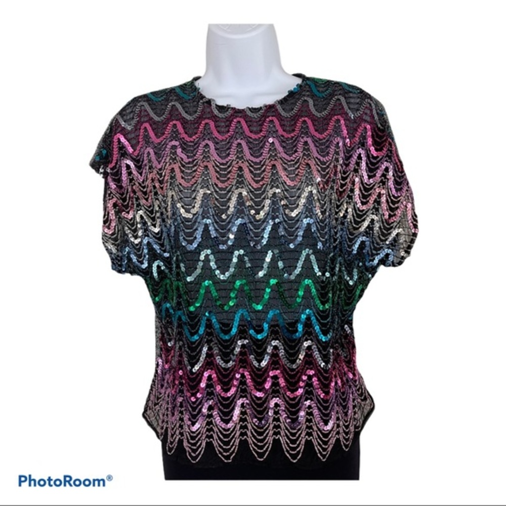 Vintage 70s sequin top disco rainbow pride lurex L